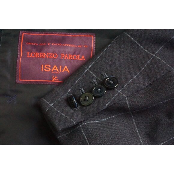 Isaia Napoli 130s Ply Wool Navy Blue Windowpane Sport Coat Jacket 56R NEW